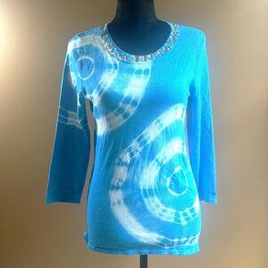 Vibrant Electric Blue Tie-Dye Top with Rhinestone Collar by INC